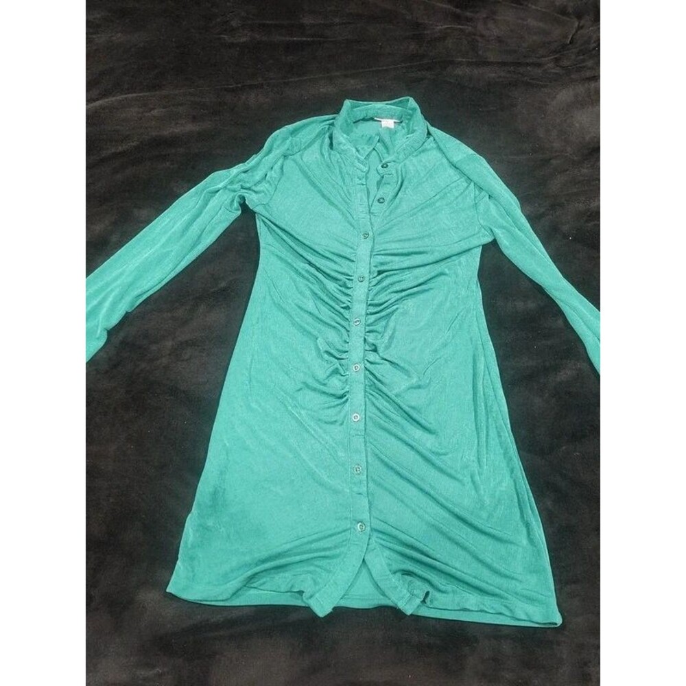 Jost Polly Ruched Button-Front Long Sleeve Dress in Emerald Green (XL)